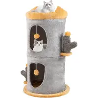 Goplus Kratztonne mit 2 Höhlen, trennbarer Kratzbaum mit Sitzstange, gepolsterte Katzenhöhle, 3-stöckiges Katzenhaus für große & kleine Katzen