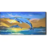 Coloray Dekor Leinwand Uhr Wandbilder 60x30 Gemälde Abstrakte See Delfine Himmel Sonne - weiße Hände