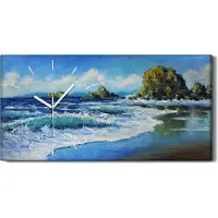 Coloray Wohnzimmer-Bild Leinwand Uhr Geräuschlos 60x30 Ölgemälde Ozean Meer Wellen Küste - weiße Hände
