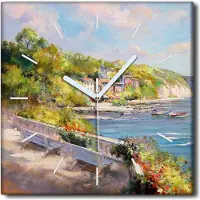 Coloray Uhr auf Leinwand 30x30 cm Wand Uhr Dekoration Wohnzimmer Segeltuch weiße Zeiger -Landschaft Italien Bay.