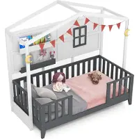 Goplus Kinderbett 90x200 cm, Hausbett Kinder mit Rausfallschutz und Llattenrost, Bodenbett mit Fenster & 2 Ablagefächern, Weiß+Grau