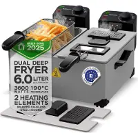TurboTronic Doppelfritteuse – DF2 – 3600 W, 2×3 l, Edelstahl-Ölfritteuse mit Kaltzonen, Sichtfenstern, spülmaschinenfesten Teilen und Temperaturregelung von 0–190 °C silber