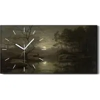 Coloray Leinwand Wanduhr Wandkunst Uhr 60x30 Malerei Nacht Mond Bäume Natur Fluss Hirsch - weiße Hände