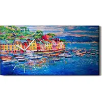 Coloray Leinwand Wanduhr Wandkunst Uhr Geräuschlos 60x30 farbenfrohe Stadt Seeboote - weiße Hände