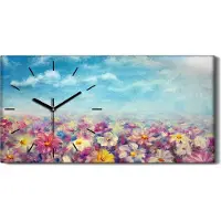 Coloray Leinwand Uhr Küche Wohnzimmer Bild 60x30 Gemälde Blumen Feld Wiese Himmel Kunst - schwarze Hände