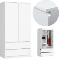 BDW Kleiderschrank 2 Türen 2 Schubladen, Spiegel, Weiß, 180x90x51