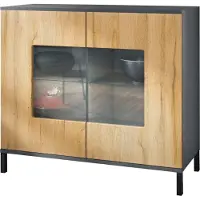 Vladon Kommode Grömitz V3, Moderner Küchenschrank mit 2 großen Glastüren Anthrazit matt / Eiche Natur (92,5 x 83.5 x 35)