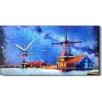 Coloray Wanduhr Bürouhr Leinwand Bild Quarz 60x30 Windmühle Bauernhof Wasser Himmel - weiße Hände