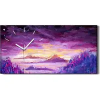 Coloray Wandbild Leinwand Bilder Wanduhr 60x30 Malerei von lila Bergen und Inseln - weiße Hände