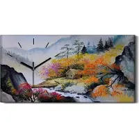 Coloray Dekor Leinwand Uhr Wandbilder 60x30 Malerei Abstrakte Berge Bäume Nebel - schwarze Hände
