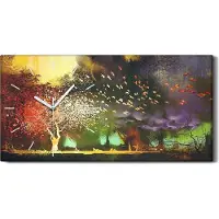 Coloray Küche Wohnzimmer Wand Leinwand Uhr 60x30 Malerei Abstrakte Bäume Vögel Wolken - weiße Hände