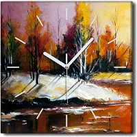 Coloray Uhr auf Leinwand 30x30 cm Wand Uhr Dekoration Wohnzimmer Segeltuch weiße Zeiger -Herbstwaldbäume