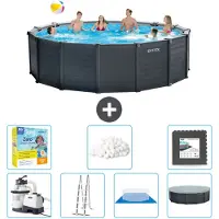 Intex runder Pool mit graphitgrauem Paneel – 478 x 124 cm – inklusive Pumpe – Leiter – Bodenplane – Abdeckung Wartungspaket - Filterbälle - Bodenfliesen