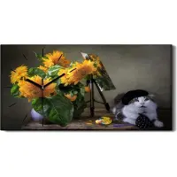 Coloray Wandbild Leinwand Bilder Wanduhr 60x30 Gemälde Blumen Tier Katze Kunst - schwarze Hände