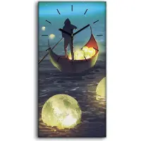 Coloray Wandbild Leinwand Bilder Wanduhr Quarz 30x60 Malerei Nacht Wasser Boot Monde - schwarze Hände