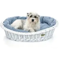DOTTY Weiß gebleichter Weidenkorb für Hunde Wikikorb mit Baumwoll-Hundebett – Marineblau mit Karo –