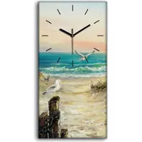 Coloray Wanduhr Bürouhr Leinwand Bild 30x60 Malerei Küste Strand Meer Wellen Himmel - schwarze Hände