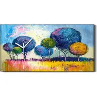 Coloray Leinwand Uhr Küche Wohnzimmer Bild 60x30 Kunst Bild Malerei Bäume bunte Birke - weiße Hände