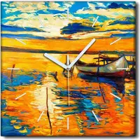 Coloray Uhr auf Leinwand 30x30 cm Wand Uhr Dekoration Wohnzimmer Segeltuch weiße Zeiger -Sunset Lake.