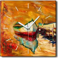 Coloray Uhr auf Leinwand 30x30 cm Wand Uhr Dekoration Wohnzimmer Segeltuch weiße Zeiger -Meer Bootshafen