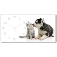 Tulup Wanduhr aus Glas – 60x30 cm - Glasbild - Glasuhr - Gehärtetes Glas - weisse-zeiger - Hund und Katze