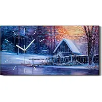 Coloray Wohnzimmer-Bild Leinwand Uhr Quarz 60x30 Alte Hütte am Flussufer Im Winter Wald - weiße Hände
