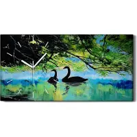 Coloray Wandbild Leinwand Bilder mit Uhr 60x30 Bemalung von Schwänen auf dem See - weiße Hände