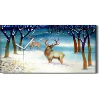 Coloray Wandbild Leinwand Bilder Wanduhr 60x30 Gemälde Winter Schnee Wald Hirsche Bäume - weiße Hände