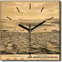 Coloray Uhr auf Leinwand 30x30 cm Wand Uhr Dekoration Wohnzimmer Segeltuch schwarze Hände -San Diego-Karte Vintage