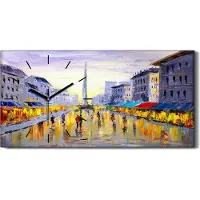 Coloray Wandkunst Leinwand Bild Uhr 60x30 Gemälde Abstrakte Stadt Markt Gebäude - schwarze Hände