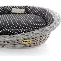 DOTTY Handbemalter grauer Weidenkorb Wikikorb mit Baumwoll-Hundebett – Schwarz mit weißen Punkten Polka Dots – Waschbar & Weich –