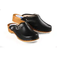 Aves-24 CLOGS Pantolette Sandalette Holz Leder Holzschuhe Holzclogs Damen Klotschen Schwarz 41