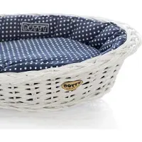 DOTTY Weiß gebleichter Weidenkorb für Hunde Wikikorb mit Baumwoll-Hundebett – Marineblau mit weißen Punkten Polka Dots –