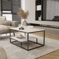 Design Möbel Couchtisch mit Ablage 90 cm – Wohnzimmertisch, Kaffeetisch, Sofatisch, Metallbeine, Industrie Stil, Tischplatte mit unterer Ablage
