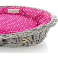 DOTTY Handbemalter grauer Weidenkorb Wikikorb mit Baumwoll-Hundebett – Rosa mit weißen Punkten Polka Dots – Waschbar & Weich –