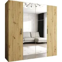 MEBLE KRYSPOL Schrank 200x202x52 cm mit Kleiderstange & Spiegel, 4xTür, BARI, Artisan-Eiche, Griff Silber