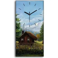 Coloray Wanduhr Leinwand Bild Uhr Quarz 30x60 Blume Haus Bäume Wiese Berg Landschaft - schwarze Hände