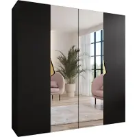 MEBLE KRYSPOL Schrank 200x202x52 cm mit Kleiderstange & Spiegel, 4xTür, SANDI, Schwarz, Griff Gold