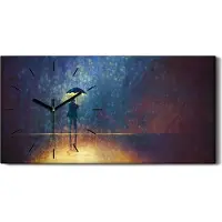 Coloray Leinwand Wanduhr Wandkunst Uhr Quarz 60x30 Frau unter dem Regenschirm im Dunkeln - schwarze Hände