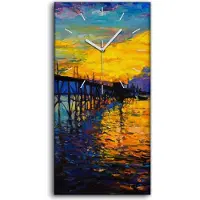 Coloray Wandbild Leinwand Bilder mit Uhr 30x60 Gemälde Abstrakte Pier Meer Boot Himmel - weiße Hände