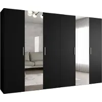 MEBLE KRYSPOL Schrank 300x202x52 cm mit Kleiderstange & Spiegel, 6xTür, BARI, Schwarz, Griff Silber