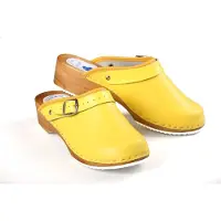 Aves-24 CLOGS Pantolette Sandalette Holz Leder Holzschuhe Holzclogs Damen Klotschen Gelb 37
