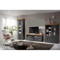 Lebenswert Wohnwand >WZ-0133< (3-teilig) Massivholz grau / eichefarbig - 360x214x42 (BxHxT)