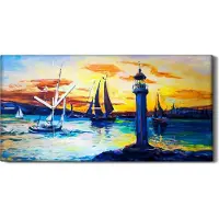 Coloray Wandkunst Leinwand Bild Uhr Quarz 60x30 Wasser segel Boote bunte Leuchtturm - weiße Hände