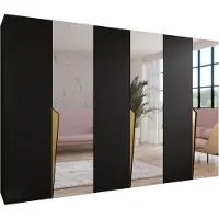 MEBLE KRYSPOL Schrank 300x202x52 cm mit Kleiderstange & Spiegel, 6xTür, PIANO, Schwarz, Griff Gold
