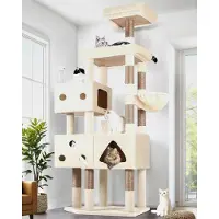 Markenlos Kratzbaum Beige XXL 207 cm mit 3 Lustig Große Katzenhaus 45 * 35cm, Gepolsterte Plattform, Sitzstangen, Katzenkorb, 8 Sisalstämme, Stabil Katzenbaum für Große Katzen Schwere (F81, Beige)