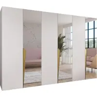 MEBLE KRYSPOL Schrank 300x202x52 cm mit Kleiderstange & Spiegel, 6xTür, PIANO, Weiß, Griff Gold