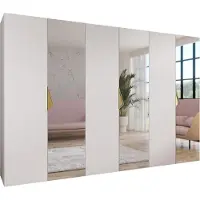 MEBLE KRYSPOL Schrank 300x202x52 cm mit Kleiderstange & Spiegel, 6xTür, SANDI, Weiß, Griff Gold