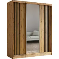 Masseno Schiebetürenschrank NELVIA 180 cm Kleiderschrank Schlafzimmer Schrank 3-türig mit Spiegel und Lamellen Eiche Artisan