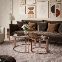 Lookway Set Couchtische LORI 2in1 mit Glasplatte und kupferfarbener Basis
